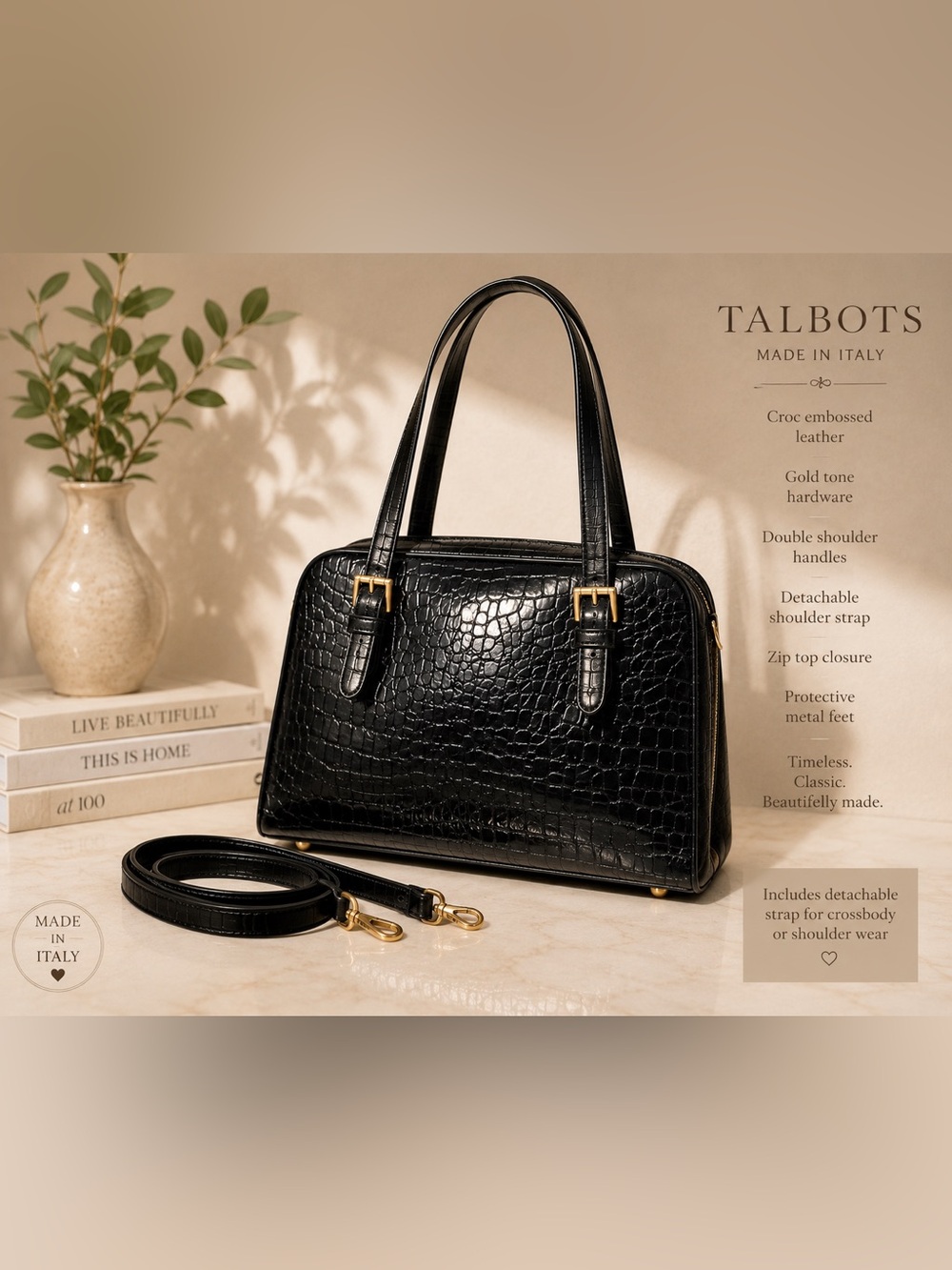 Vintage Talbots Black Croc Embossed Handbag |Made in Italy | Like New!